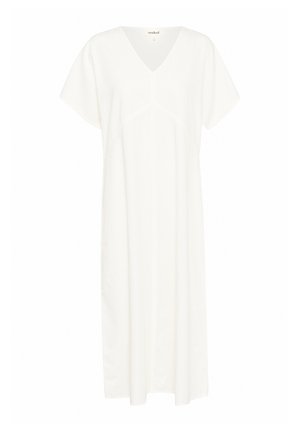 White, short-sleeve dress with a V-neck, featuring a straight cut and subtle seam details for added texture. Lightweight fabric finish.