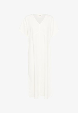 Witte, korte mouw jurk met een V-hals, voorzien van een rechte snit en subtiele naaddetails voor extra textuur. Lichtgewicht stoffering.