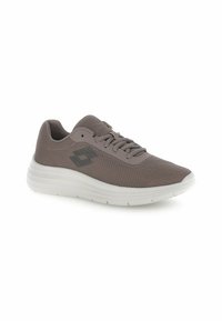 Gray mesh athletic shoe with a textured surface, white rubber sole, and matching laces. Features a logo on the side.