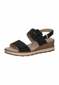 Černé zamšové sandály s řemínkem kolem kotníku a dekorativní přezkou. Mají texturovaný hnědý klínový podpatek a béžovou stélku. Lehký design.