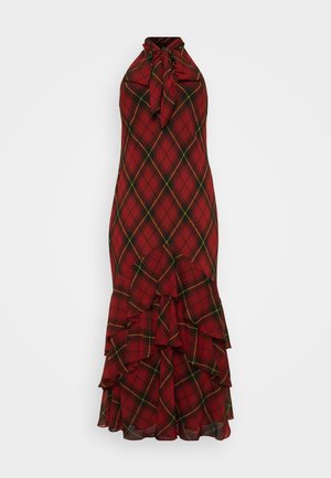 Robe halter en tartan rouge avec un ourlet froncé, présentant des accents verts et jaunes. Fabriquée en tissu léger, silhouette ajustée.