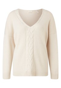 Pull en maille couleur crème avec col en V et motif torsadé central, doté de manches longues et de poignets et ourlet côtelés.
