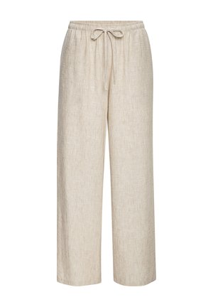 Beige linen wide-leg pants with elastic waistband and front drawstring tie, casual loose fit.