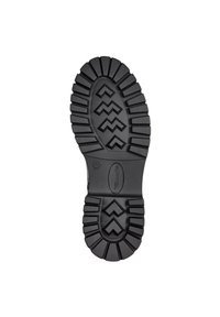 Suela de zapato de goma negra con patrones de relieve profundos, incluidos diseños en zigzag y circulares, y una sección media plana. Talla 37 indicada.