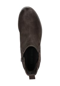 Dunkelbrauner Knöchelboot mit Wildlederoberfläche, seitlichem Reißverschluss und Schlaufe auf der Rückseite. Abgerundete Zehenpartie und sichtbare Nähte.