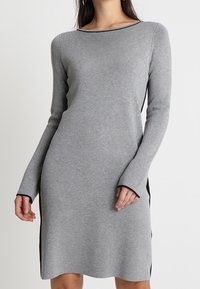 Robe grise à manches longues avec encolure ronde, coupe ajustée, fentes latérales et accents noirs contrastants le long des coutures. Texture douce en maille.