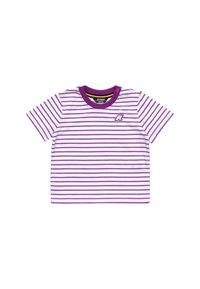T-shirt in cotone a righe viola e bianche con collo a giro, maniche corte e un piccolo logo sul davanti. Presenta una chiusura con bottoni a pressione.
