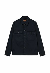 Marineblauwe spijkerjack met knoopsluiting aan de voorkant, twee borstzakken en een klassieke kraag. Heeft een gladde textuur en een getailleerde pasvorm.