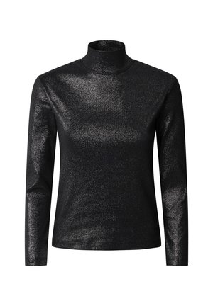 Jersey negro de cuello alto hecho de una tela brillante y texturizada. Presenta mangas largas y un cuello alto. Acabado suave con un ligero brillo.