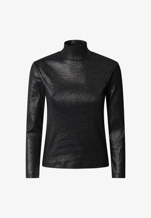 Un pull à col roulé noir en tissu brillant et texturé. Il possède des manches longues et un col haut. Fini lisse avec un léger brillant.