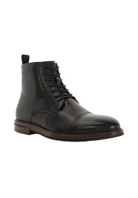 Black leather ankle boots with a rounded toe, front lacing, and a pull tab. Features a brown rubber sole with stitching detail.