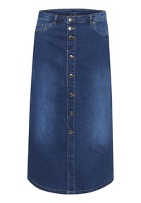 Donkerdenim rok met een rechte silhoët, knielange stijl, voorste knoopsluiting en subtiele vervaging met een lichte glans.