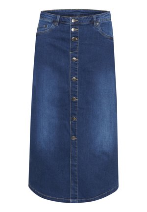 Donkerdenim rok met een rechte silhoët, knielange stijl, voorste knoopsluiting en subtiele vervaging met een lichte glans.