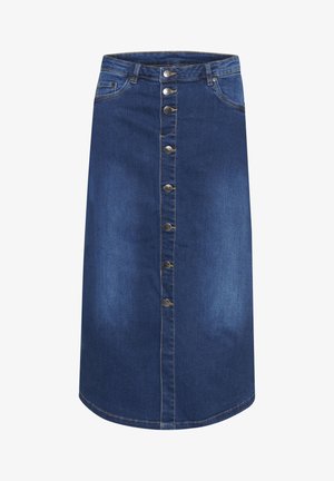 Tmavomodrá džínová sukňa s rovnou siluetou, dĺžkou po kolená, predným zapínaním na gombíky a jemným vyblednutím s mírnym leskom.