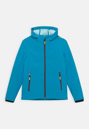 Heller türkisfarbener Mantel mit Kapuze, ausgestattet mit schwarzen Reißverschlusstaschen und einem schwarzen Bund. Hergestellt aus glattem, leichtem Material.