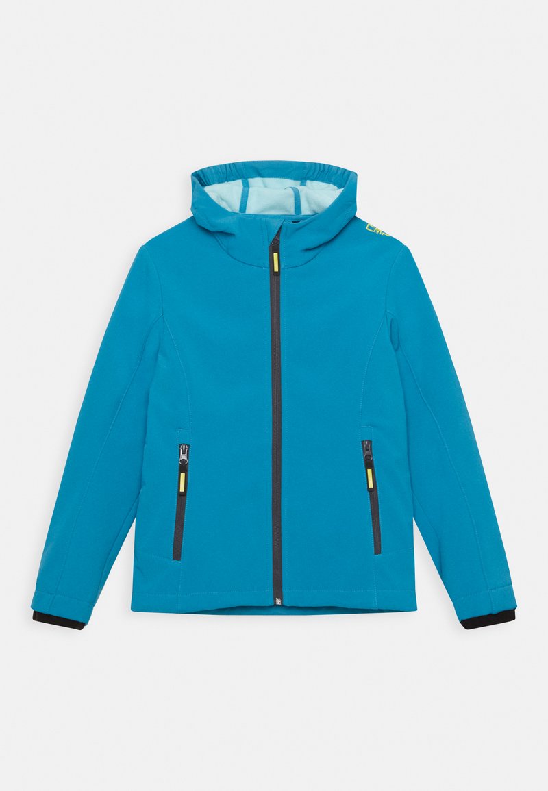 Heller türkisfarbener Mantel mit Kapuze, ausgestattet mit schwarzen Reißverschlusstaschen und einem schwarzen Bund. Hergestellt aus glattem, leichtem Material.