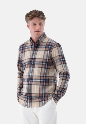 Herren Langarm-Hemd mit Karomuster in Beig-, Blau- und Brauntönen; verfügt über einen Button-Down-Kragen und Frontknöpfe, hergestellt aus einem weichen Stoff.