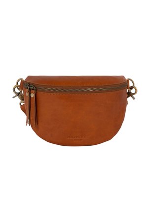 Brown leather crossbody bag with a semi-circular shape, zip closure, and decorative tassels. Features embossed brand name on the front.