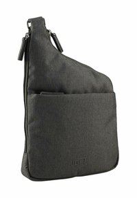 Schultertasche aus dunkelgrauem Stoff mit diagonaler Reißverschlussöffnung, Vordertasche und dezentem Logo; glatte Textur und strapazierfähiges Design.