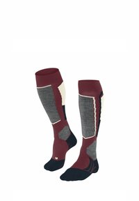 Hüfthochsocken mit maroonfarbenem Grund, grauen und cremefarbenen Akzenten, strukturierten Mustern sowie verstärkten schwarzen Zehen- und Fersenbereichen.
