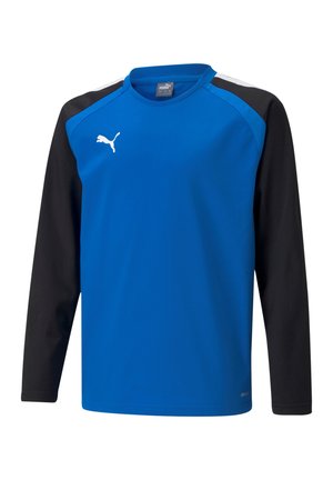 Langarm sportshirt met een blauwe romp en zwarte mouwen. Voorzien van een ronde hals en een wit logo op de voorkant. Gemaakt van vochtafvoerende stof.