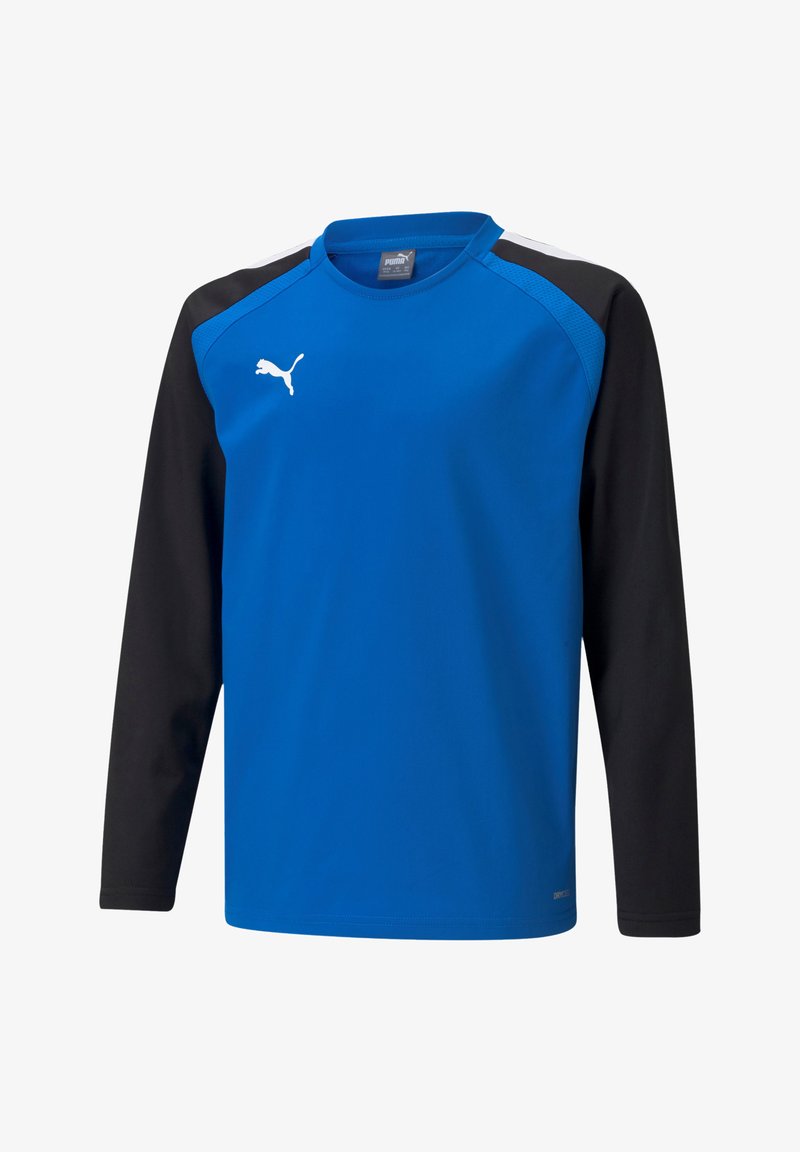 Langärmliges Sporthemd mit blauem Oberkörper und schwarzen Ärmeln. Verfügt über einen Rundhals und ein weißes Logo auf der Vorderseite. Hergestellt aus feuchtigkeitsableitendem Material.