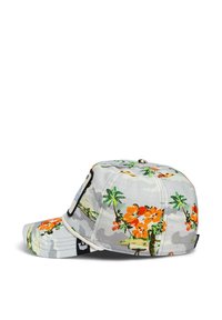 Cappello grigio a camuflaggio con motivi floreali arancioni e verdi, visiera piatta, etichetta laterale e tessuto testurizzato, dotato di cintura regolabile sul retro.