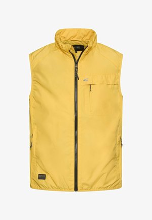 Geel mouwloos vest met ritssluiting aan de voorkant, hoge kraag, twee zijzakken met ritsen en een borstzak met klep en logodetail.