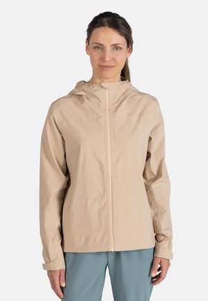Beige lightweight jacket with a hood, full front zipper, and a smooth, water-resistant texture. Features fitted cuffs and subtle seam details.