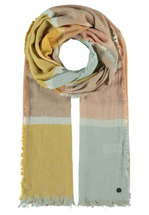 Pehmeä kudottu huivi, jossa on leveät vaakasuorat raidat sinapinkeltaisena, vaaleansinisenä, beigenä ja vaaleanpunaisena. Huivissa on risaiset reunat ja pieni musta logoplässi.