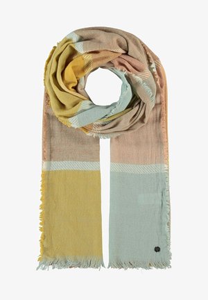 Écharpe tissée douce avec de larges rayures horizontales jaune moutarde, bleu clair, beige et rose pâle, avec des bords effilochés et une petite étiquette logo noire.