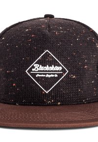 Black snapback hat with a textured black fabric featuring multicolored specks. White geometric logo patch at the front, brown visor.