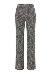 Zwart-wit gestreepte broek met een recht model. Gemaakt van geweven stof met een gestructureerd, gestippeld patroon doorheen.