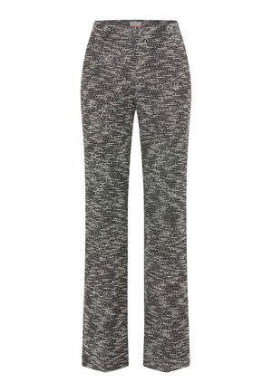 Schwarz-weiße gemusterte Hose mit geradem Bein. Hergestellt aus gewobenem Stoff mit einem strukturierten, gepunkteten Design.