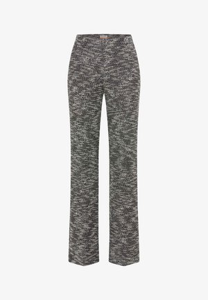 Schwarz-weiße gemusterte Hose mit geradem Bein. Hergestellt aus gewobenem Stoff mit einem strukturierten, gepunkteten Design.