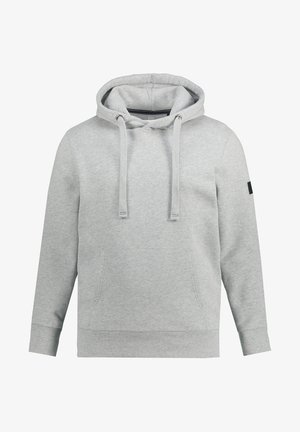 Grå hætte sweatshirt med en kængurulomme, snore, ribbede manchetter og et enkelt design. Ingen synlige logoer eller mønstre.