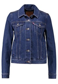 Blue denim button-up jacket with two chest pockets, long sleeves, and visible stitching details.