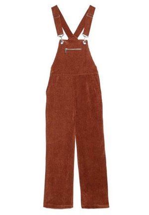 Ogrodniczki ze sztruksu w kolorze rdzy. Posiadają regulowane szelki na ramiona, przednią kieszeń na zamek oraz szerokie nogawki o miękkiej fakturze.