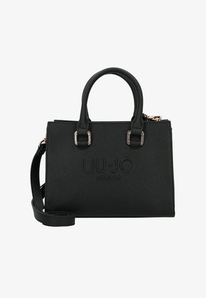 Borsa sintetica nera con manici superiori, tracolla regolabile, logo in rilievo sul davanti e dettagli metallici sui manici.