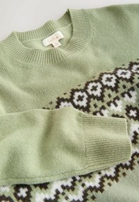 Hellgrüner, gestrickter Pullover mit einem gemusterten Design in Weiß und Braun über der Brust, mit einem gerippten Halsausschnitt und Bündchen.