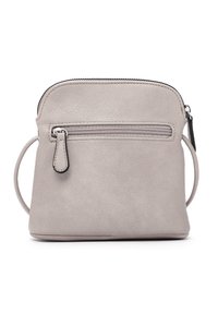 Hellgraue Kunstledertasche mit abgerundetem Oberteil, Reißverschluss und einer Vordertasche mit Reißverschluss. Verfügt über einen abnehmbaren Tragegurt und eine glatte Textur.