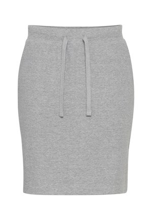 Grijze drawstring rok gemaakt van een zachte stof, met een getailleerde vorm en een gladde textuur. Eenvoudig ontwerp zonder patronen of versieringen.