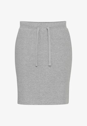 Grijze drawstring rok gemaakt van een zachte stof, met een getailleerde vorm en een gladde textuur. Eenvoudig ontwerp zonder patronen of versieringen.