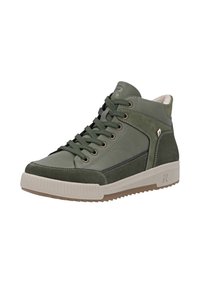 High-top sneakers made of green leather and suede, featuring black laces, a textured white rubber sole, and a side logo detail.