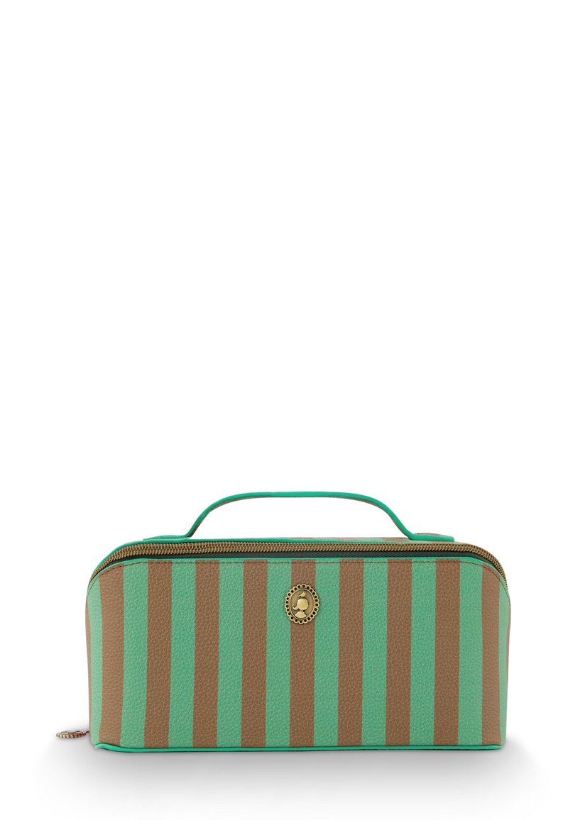 Zip-top toiletry bag with green and brown vertical stripes, textured finish, and a top handle. Features a gold accent logo on the front.