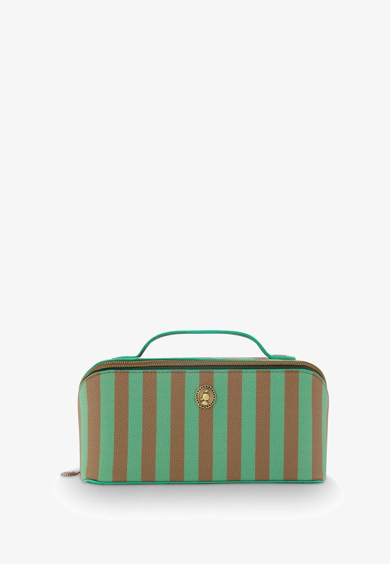 Zip-top toiletry bag with green and brown vertical stripes, textured finish, and a top handle. Features a gold accent logo on the front.