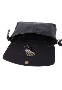 Čierna kožená crossbody taška s otvoreným klopou, priehradkou na zips a krúžkom na kľúče, ktorý drží päť kľúčov vo vnútri.