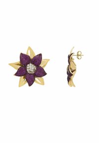 Gold flower-shaped earrings with purple gemstone petals and a cluster of clear stones at the center, shown from front and side views.