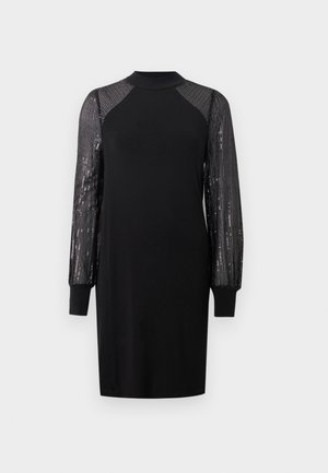 Schwarzes Kleid mit hohem Kragen und langen Ärmeln. Die Ärmel haben ein strukturiertes, mit Pailletten gestaltetes Design. Glatter Stoff des Kleides mit gerippten Bündchen.