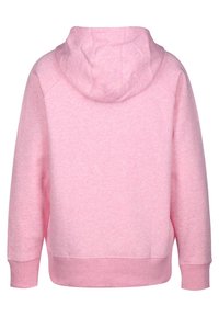 Sweat-shirt à capuche rose en tissu doux, avec une coupe décontractée, des poignets et un ourlet côtelés, et une texture lisse. Vue arrière affichée.